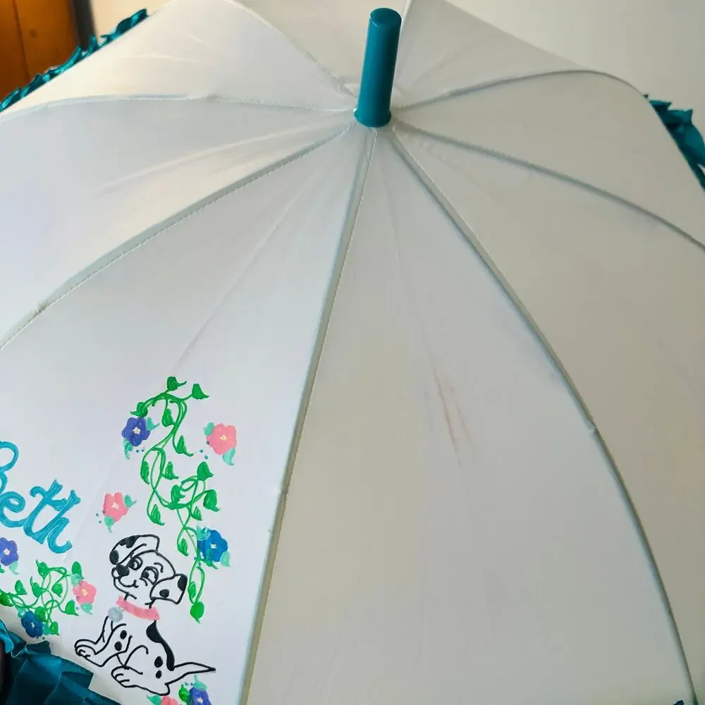Vintage 'Beth' Dalmatian Custom Painted Blue Ruffle Trim Umbrella